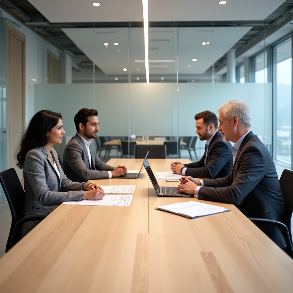 Wide shot of a business meeting in progress, two professionals on each side of a table, documents spread between them, collaborative body language, modern office environment with glass walls