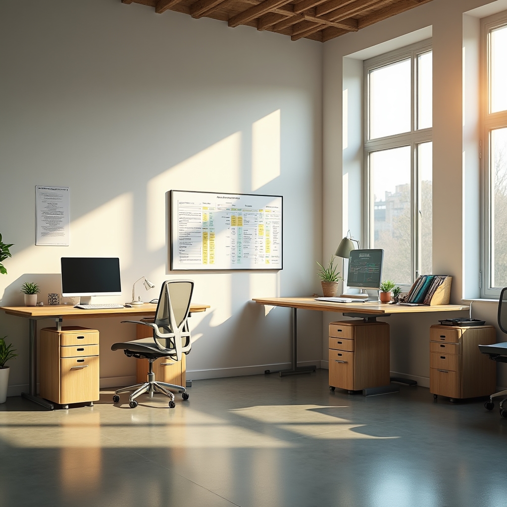 Modern open-plan workspace in Cincinnati with standing desks, natural light, and organized document areas reflecting a structured analytical working environment