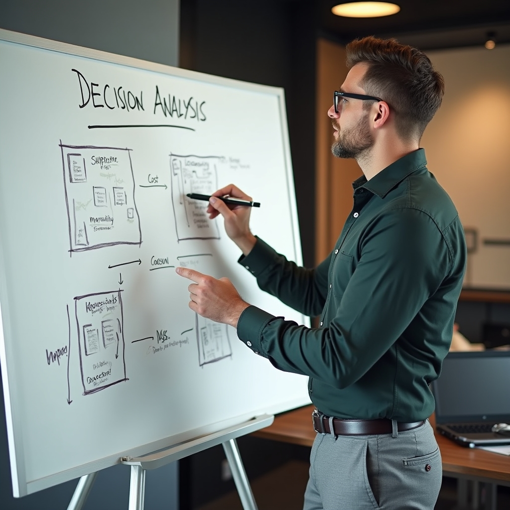Professional standing at a whiteboard covered in a decision analysis diagram with boxes and arrows, marker in hand, thoughtful expression, modern office with warm lighting