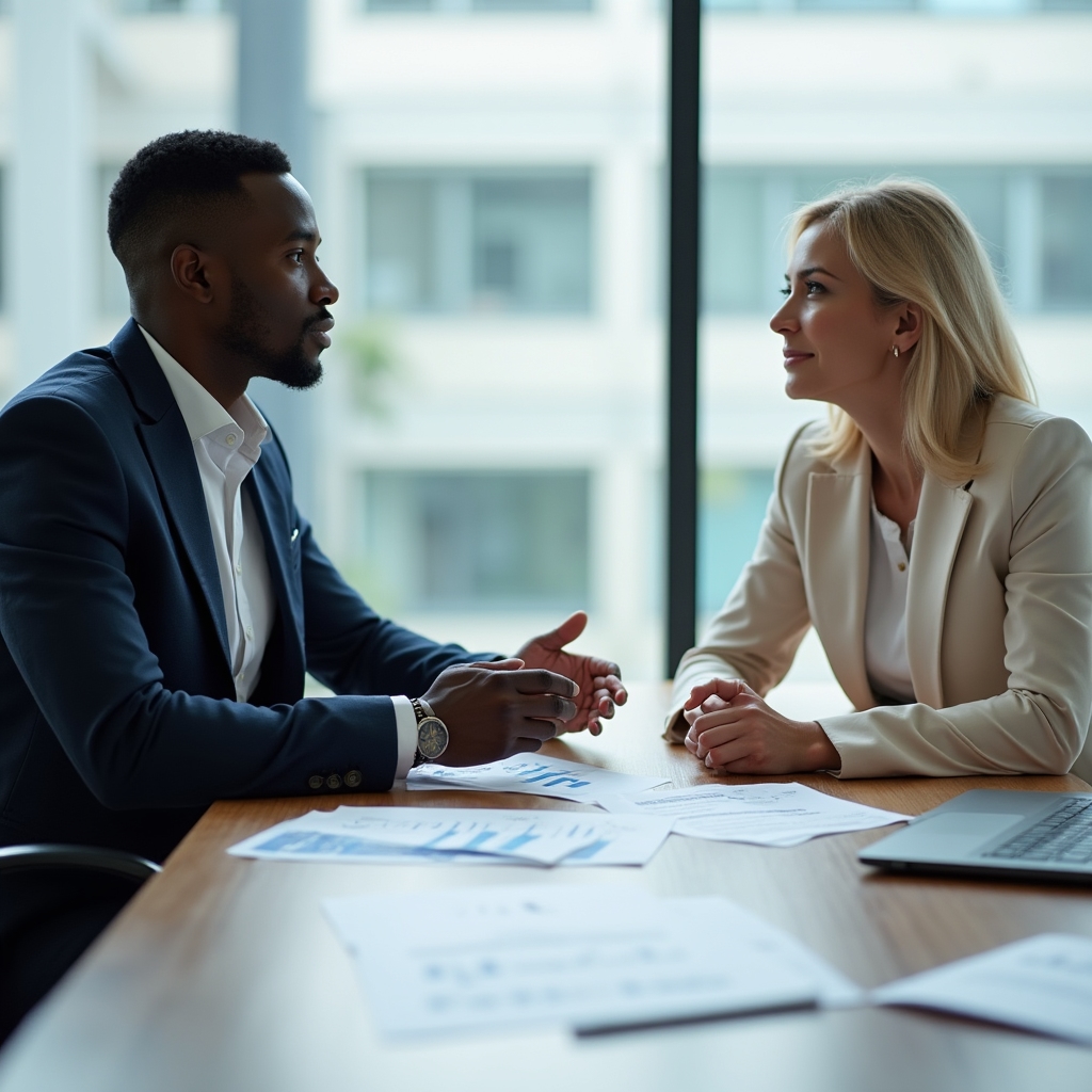 Two professionals in a calm, structured conversation across a table with documents visible, neutral expressions indicating collaborative discussion