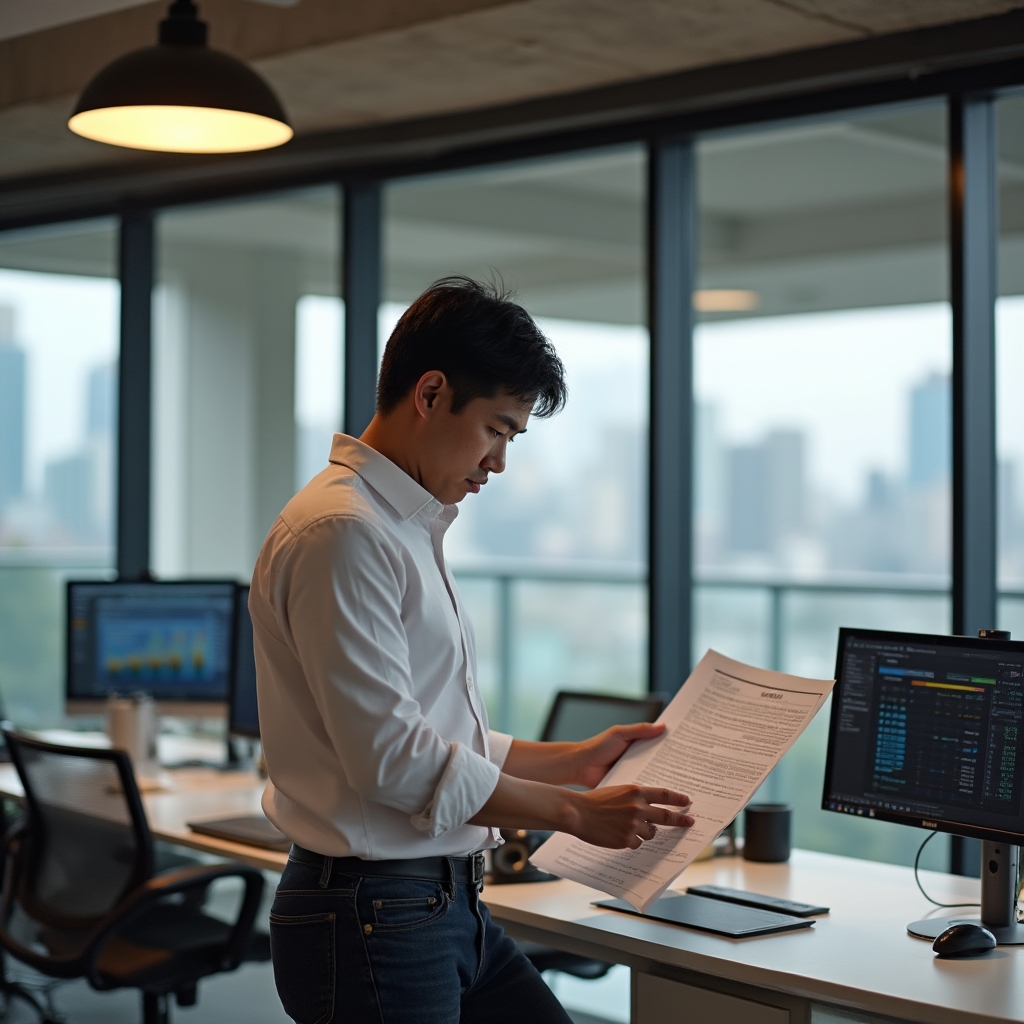 Professional reading a procurement framework document at a standing desk in a modern open office, focused expression, natural light from windows