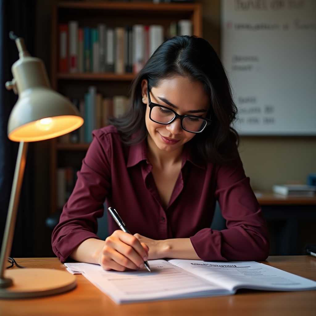 Small business owner in their mid-40s reviewing supplier invoices at a desk, reading glasses on, focused expression, warm office lighting
