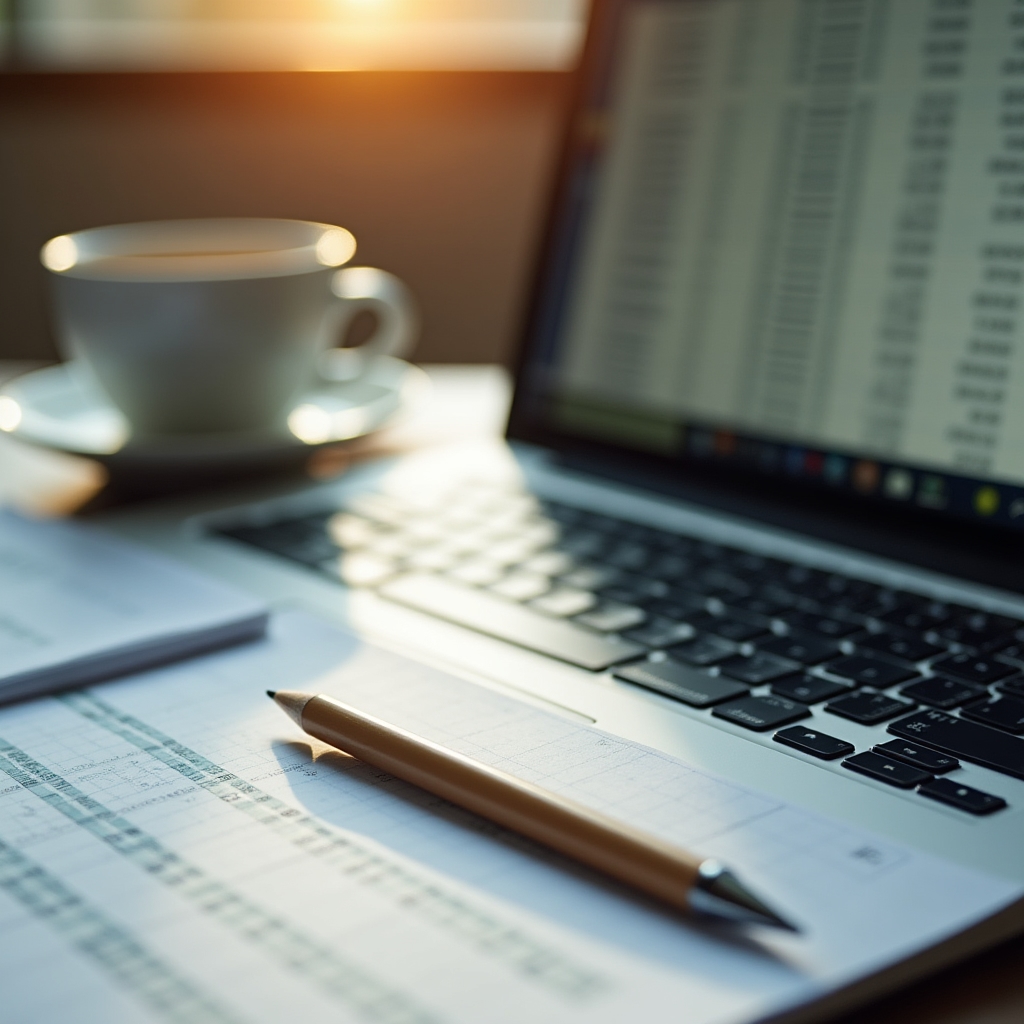 Close-up of a laptop screen showing a supplier comparison spreadsheet with color-coded cells, selective depth of field, warm office lighting