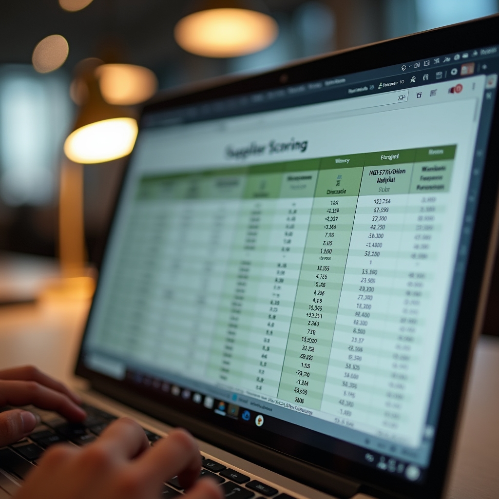 Open spreadsheet showing a supplier scoring matrix with weighted criteria columns and numerical scores