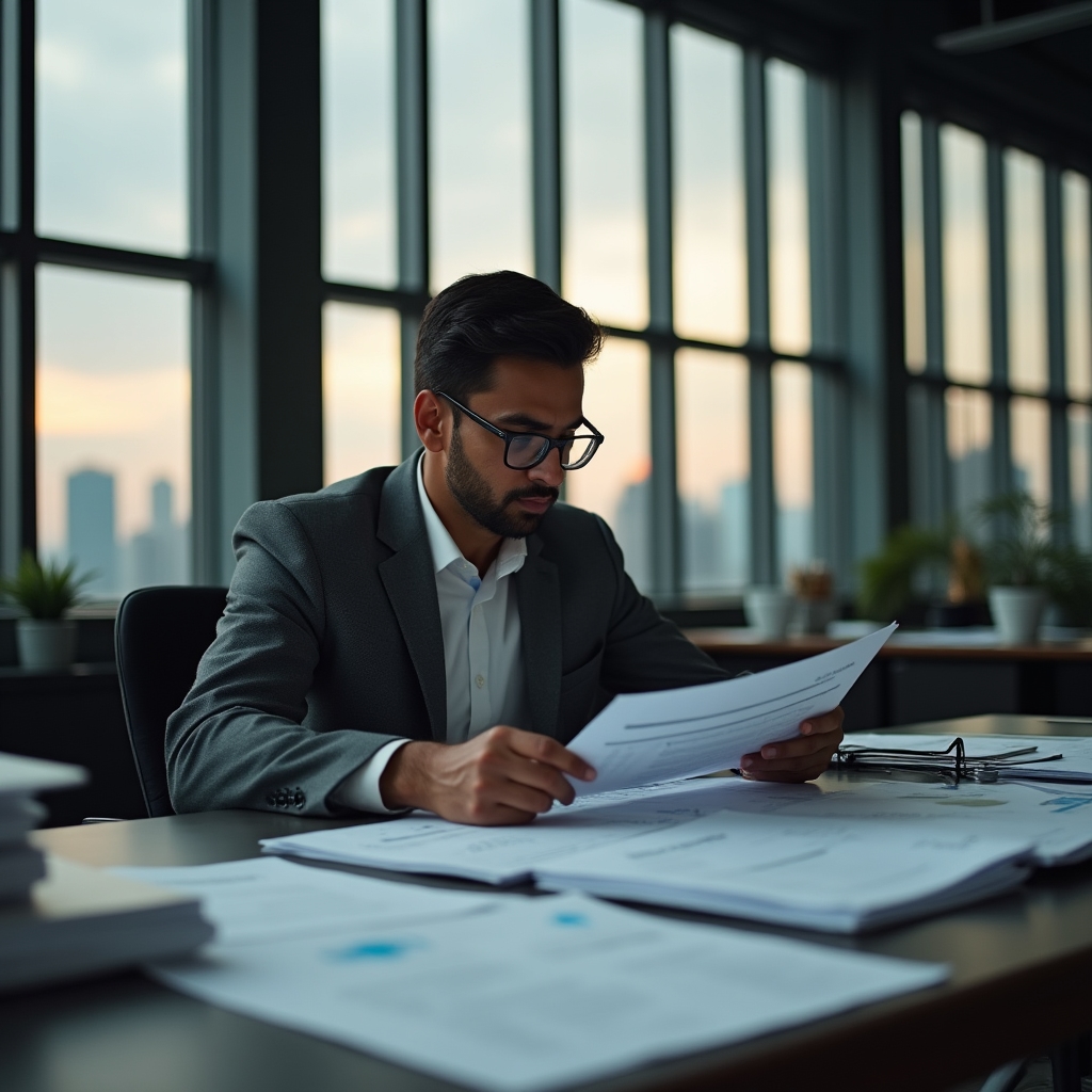 Professional reviewing supplier documents at a structured workspace